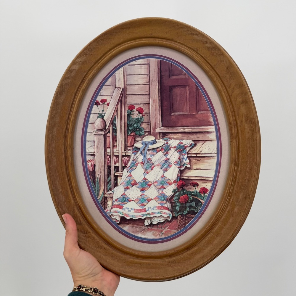 Vintage Oval Framed Wall Art Quilt on Porch Scene Cottagecore Farmhouse Decor
